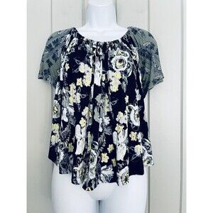 Free People Baja Babe Top S Small Black Combo Floral Print Green Stretch Knit